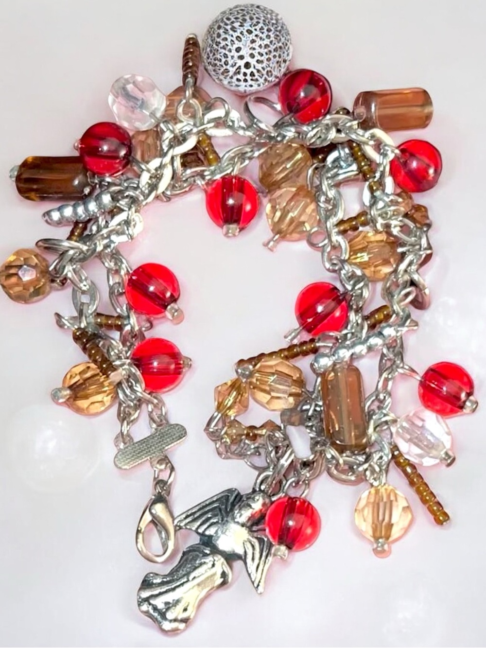 Woman’s Costume Jewelry Silver Red & Amber Beaded Charm Bracelet With Angel